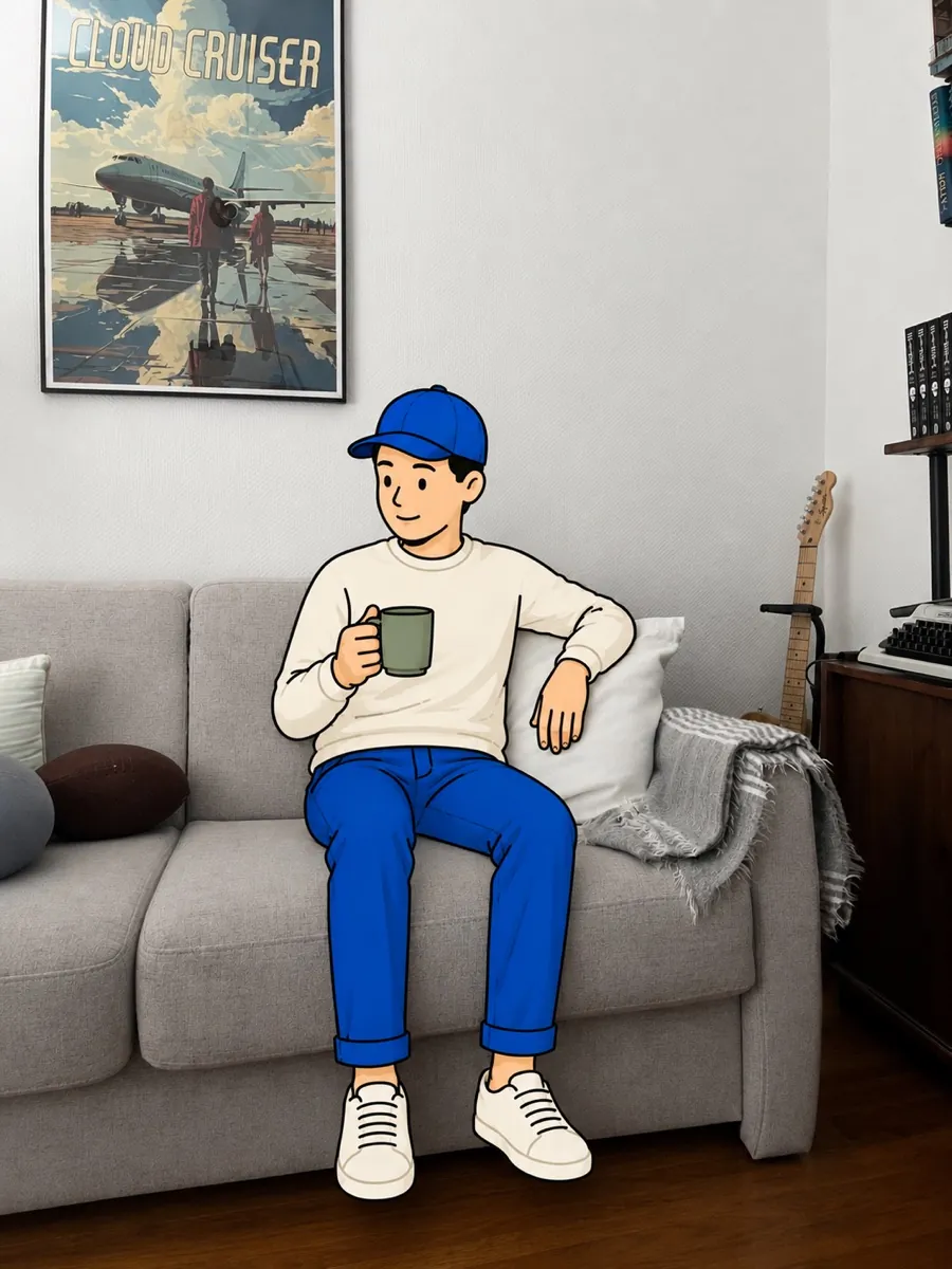 Portrait illustré de Daniel, assis sur un canapé avec une tasse de café.
