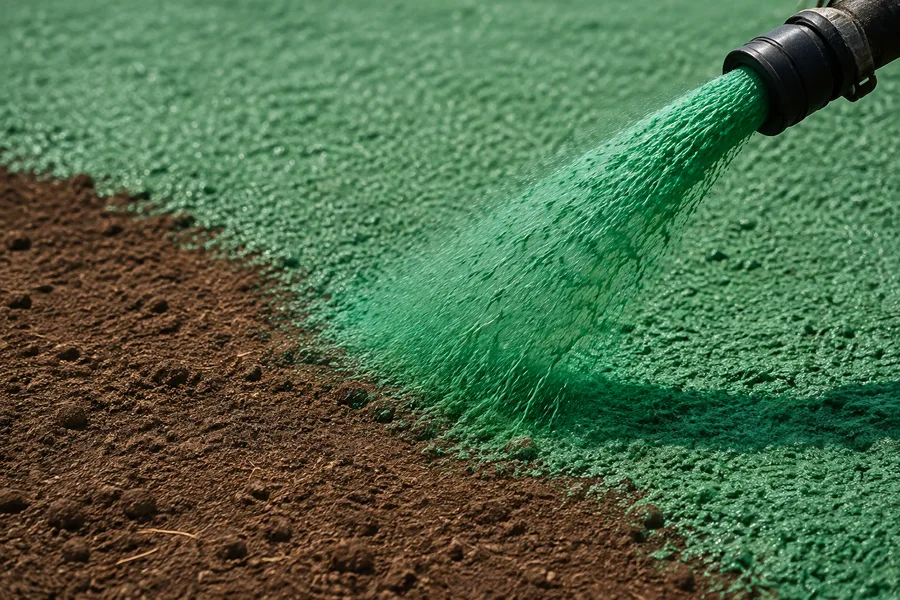 Illustration of a hose spraying green hydroseeding mixture onto prepared soil.